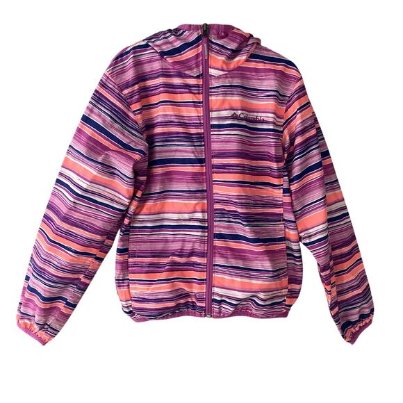 Columbia Other - Columbia Pixel Grabber Lightweight Jacket Hood Stripes Pink Orange Blue M 10/12